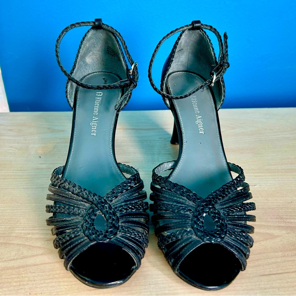 Vintage ‘90s Etienne Aigner Hillary Braided Heeled Sandal, Black, Size 6